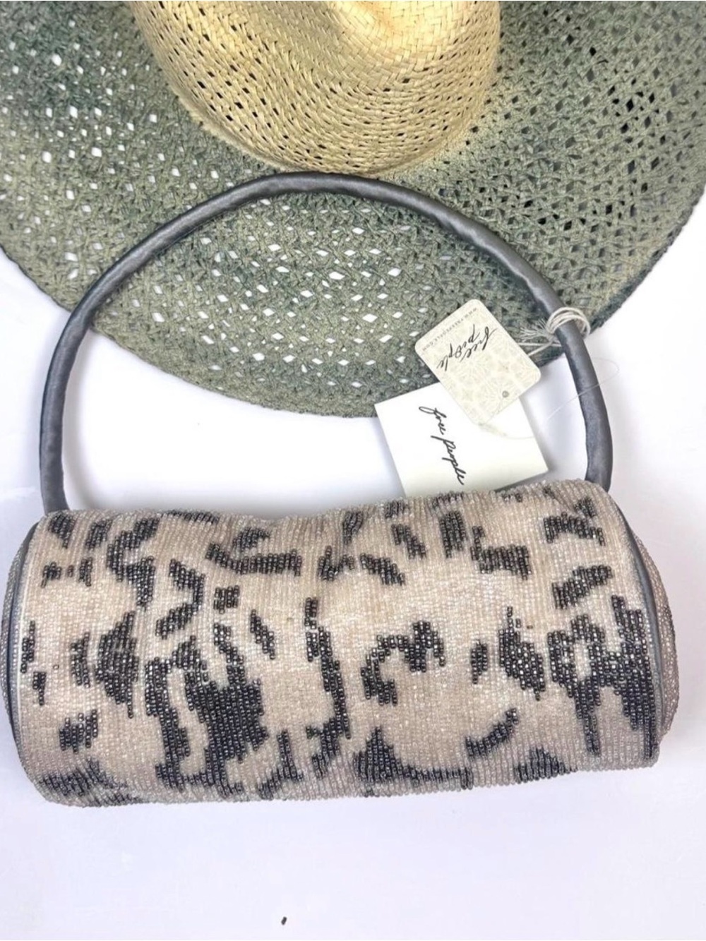 Free People Bailey Beaded Barrel Bag in Cream/Grey